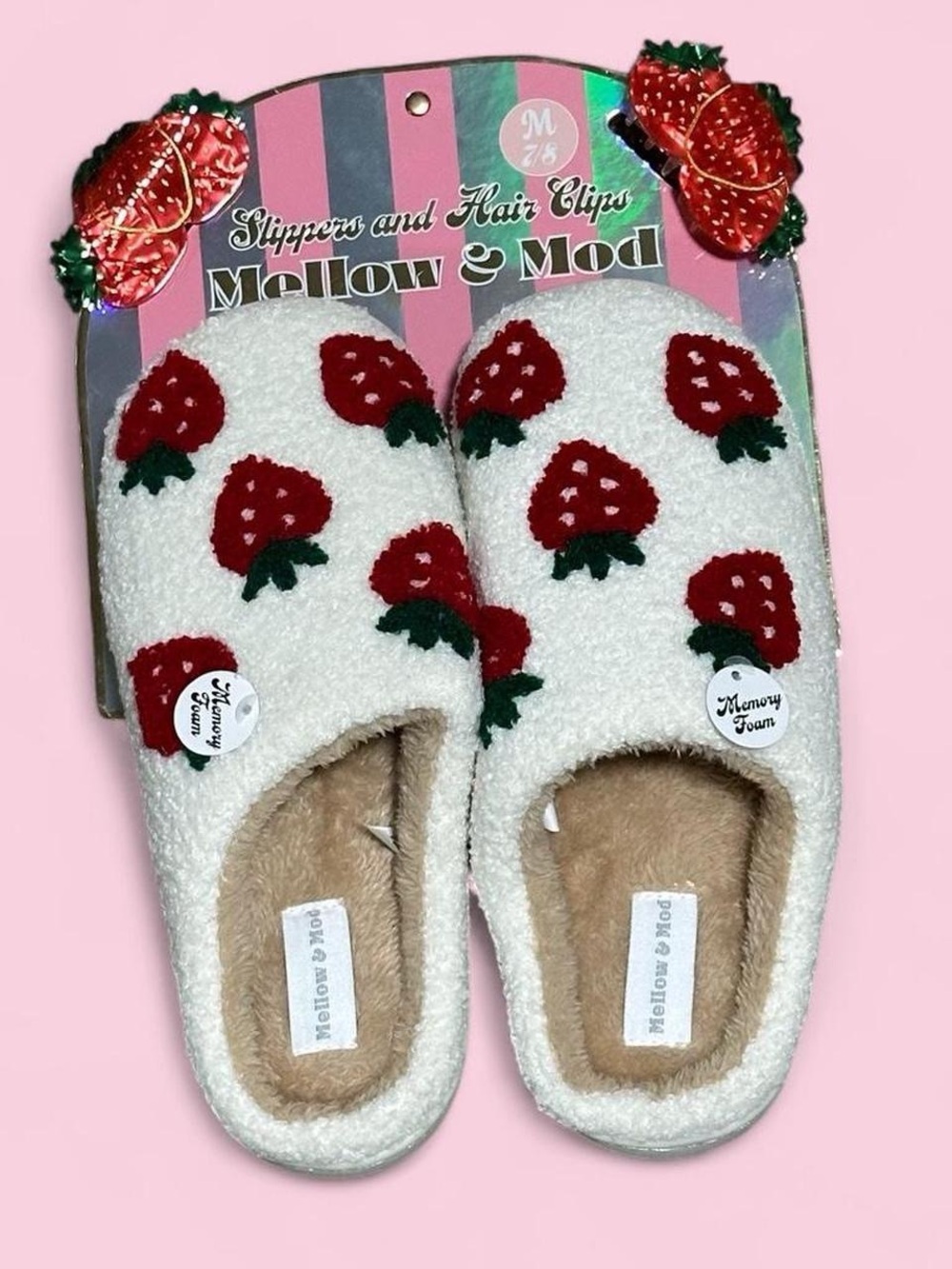 Mellow & Mod Women's Cream Strawberry Memory-Foam Slippers + Hair Clips